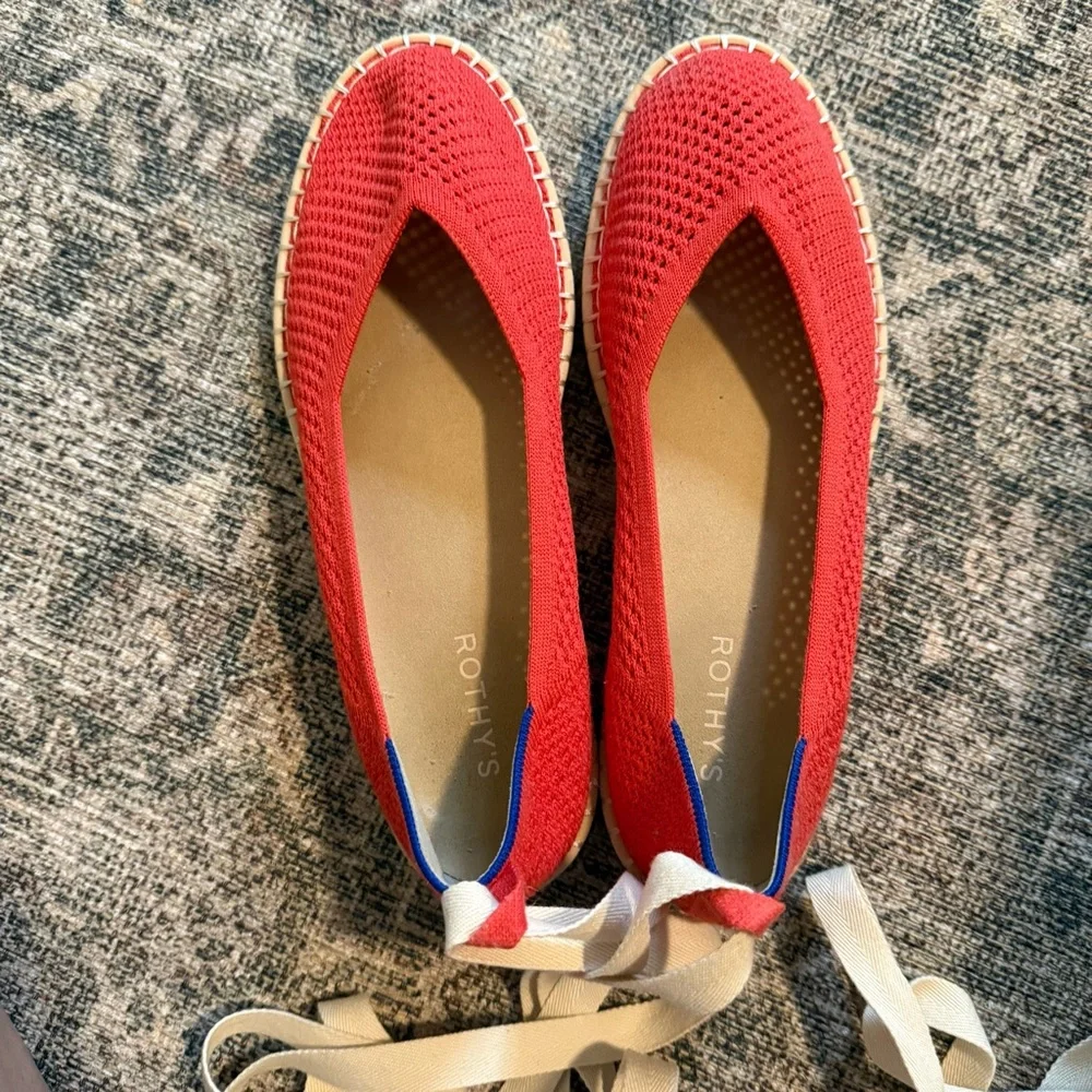 Rothy's The Espadrille Lace Up in Red Hot with Cream Laces, Size 11.5